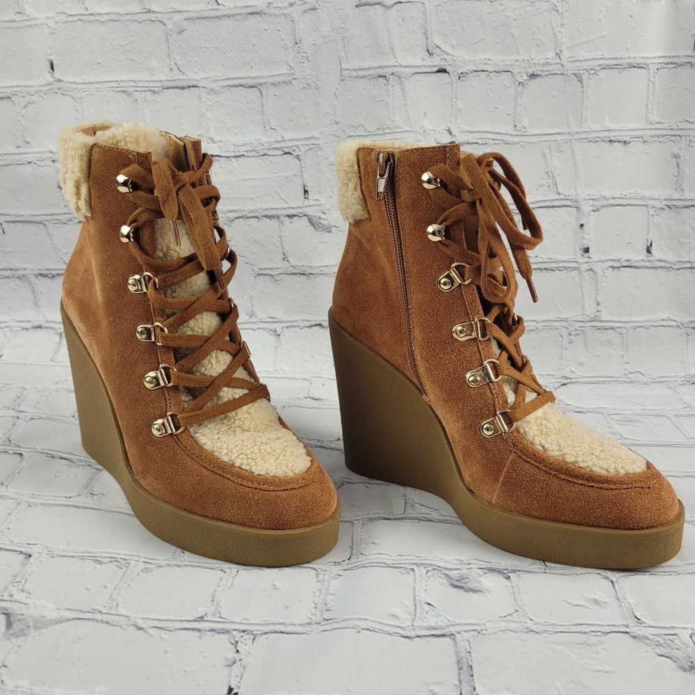 NEW Jessica Simpson Maelyn Wedge Bootie Brown Caramel Combo Leather Suede Sherpa - Picture 4 of 11